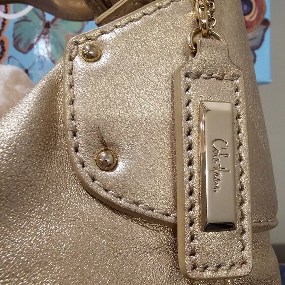 Sophisticated Stylish Cole Haan gold leather crescent hobo shoulder bag EUC - Picture 5 of 8